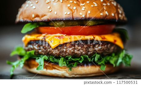 A succulent cheeseburger featuring a juicy beef patty, melted cheese, crisp lettuce, ripe tomato, and tangy pickles, all nestled in a sesame seed bun. 117500531