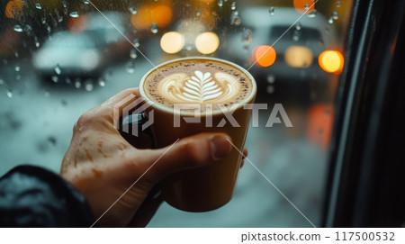 A person holds a latte with a leaf design while watching raindrops run down the window, capturing a rainy day ambiance. A person holds a latte with a leaf design while watching raindrops run down the window, capturing a rainy day ambiance. 117500532