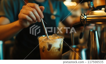 A barista stirs a freshly made iced coffee topped with cream while working in a bustling cafe. A barista stirs a freshly made iced coffee topped with cream while working in a bustling cafe. 117500535