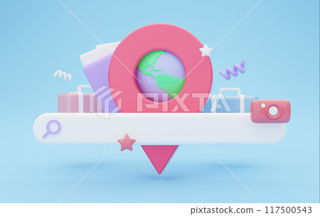 Searching for travel destination or tour, 3D illustration, collage. Search bar, location pin with globe inside, suitcase, camera, airplane, blue background 117500543