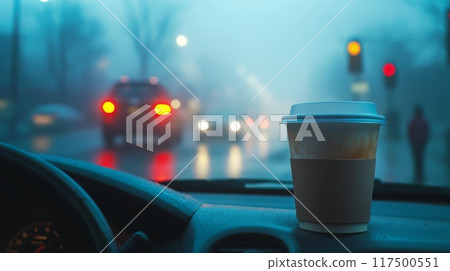 A warm coffee cup rests on the dashboard while blurred headlights and taillights illuminate the foggy streets outside. 117500551