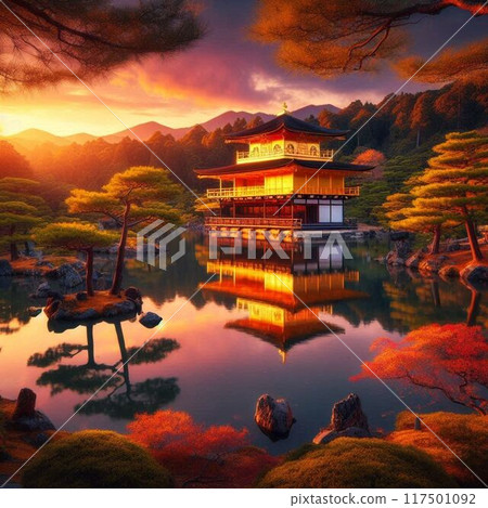 Benten Pond and sunset at Kinkakuji Temple 117501092