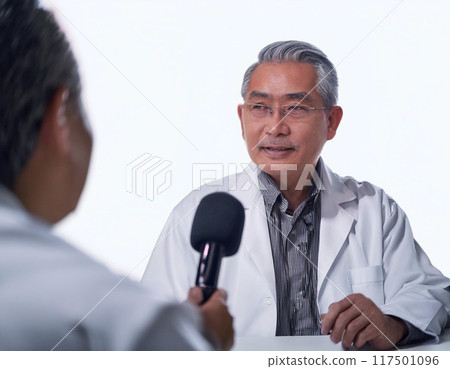 A Japanese man in a white coat being interviewed (interviewer, microphone, doctor, pharmacist, researcher) 117501096