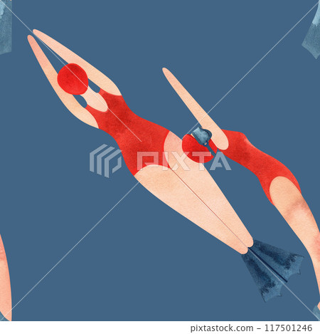 Seamless pattern with floating women in vintage style. Swimming. Watercolor illustration on blue background Seamless pattern with floating women in vintage style. Swimming. Watercolor illustration on blue background 117501246