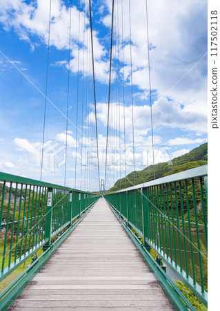 Momijidani Suspension Bridge shining against the blue sky Momijidani Suspension Bridge shining against the blue sky 117502118