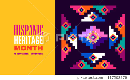 National hispanic heritage month banner with latin geometrical patterns, mexican flowers, guitar, bright colored decor 117502276