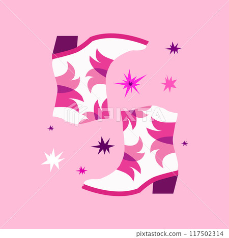 Cowgirl boots with different patterns. Pink hand drawn fashion staple. Cowboy western and Wild West retro vintage Vector illustration Cowgirl boots with different patterns. Pink hand drawn fashion staple. Cowboy western and Wild West retro vintage Vector illustration 117502314