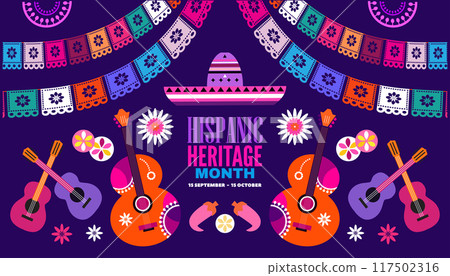 National hispanic heritage month banner with latin geometrical patterns, mexican flowers, guitar, bright colored decor 117502316