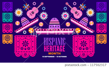 National hispanic heritage month banner with latin geometrical patterns, mexican flowers, guitar, bright colored decor 117502317