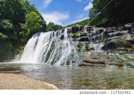 Landscape with a waterfall: A full view of Ryumon Falls in Tochigi Prefecture Landscape with a waterfall: A full view of Ryumon Falls in Tochigi Prefecture 117502481