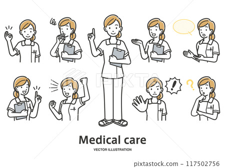 Nurse female facial expressions and gestures variation illustration set 117502756