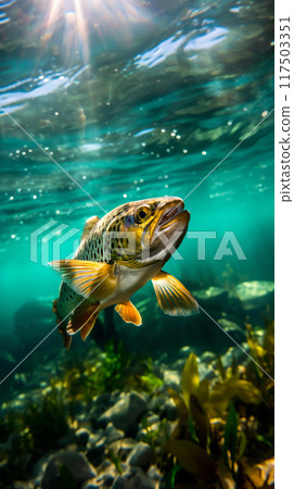 Majestic Trout Swimming Underwater in Sunlit Pond 117503351