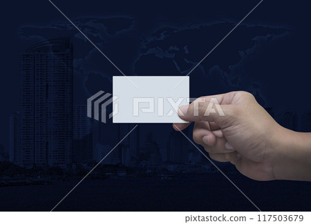 Man hand holding blank white business name card in fingers, Elements of this image furnished by NASA Man hand holding blank white business name card in fingers, Elements of this image furnished by NASA 117503679