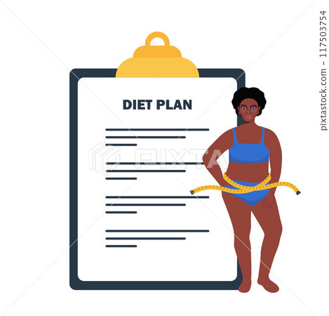 Plus size black woman in underwear standing in front of big diet plan checklist. Vector illustration. Plus size black woman in underwear standing in front of big diet plan checklist. Vector illustration. 117503754