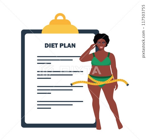 Plus size black woman in underwear standing in front of big diet plan checklist. Vector illustration. Plus size black woman in underwear standing in front of big diet plan checklist. Vector illustration. 117503755