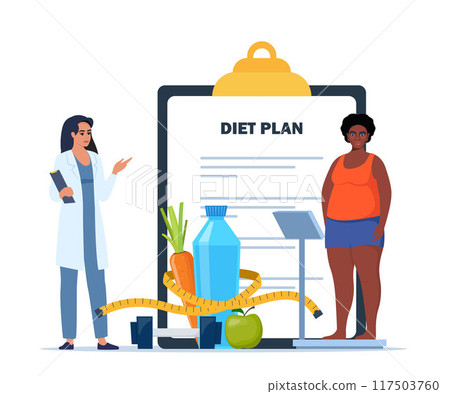 Fat black woman standing on weigh scales. Doctor explain about health and how to loose weight. Diet plan checklist. Healthy food and sports. Vector illustration. 117503760