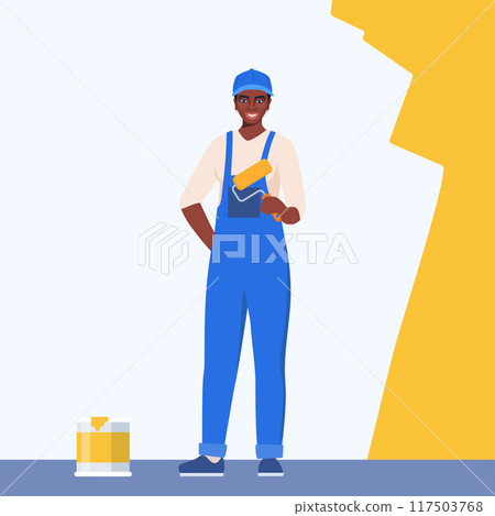 Painter black woman painting house wall with roller brush. Worker girl using paint-roller and paint cans. Decorator job, interior renovation service. Vector illustration. 117503768