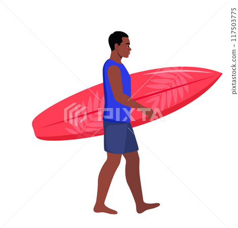 Young African American man walks with a surfboard towards the sea. Vector illustration. 117503775