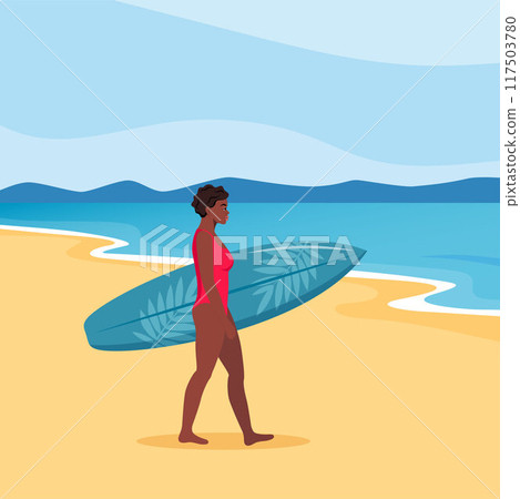 Young African American brunette walks with a surfboard towards the sea. Vector illustration. 117503780