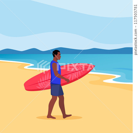 Young African American man walks with a surfboard towards the sea. Vector illustration. Young African American man walks with a surfboard towards the sea. Vector illustration. 117503781