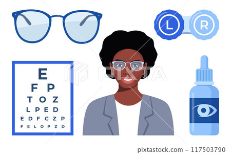 Ophthalmology icons set. Glasses, eye drops, contact lenses, test table with letters for eye examination. Vision correction. Ophthalmology concept. 117503790