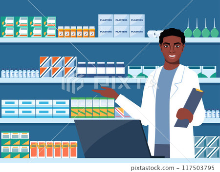 African American Pharmacist at counter in pharmacy. Druggist opposite shelves with medicines. Health care medical concept. Vector illustration. African American Pharmacist at counter in pharmacy. Druggist opposite shelves with medicines. Health care medical concept. Vector illustration. 117503795