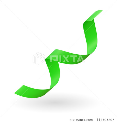 Serpentine 3d vector. Green spiral paper ribbon for birthday party and anniversary, Christmas and festive carnival, curly streamer decoration to celebrate holidays 117503807