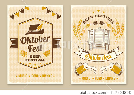 Set of Oktoberfest retro posters. Vector. Beer mug, German traditional hat, Beer barrel with malt and barley ear. 117503808