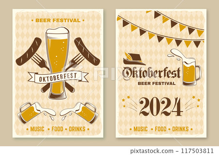 Set of Oktoberfest retro posters. Vector. Beer mug with malt, German traditional hat, fried sausage, grilled, pennant, skewered on a fork. 117503811