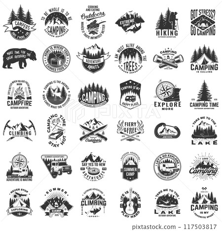 Set of camping related typographic quote. Vector. The images are created without the use of any artificial intelligence software at any stage. Design with forest, mountains, axe and campfire Set of camping related typographic quote. Vector. The images are created without the use of any artificial intelligence software at any stage. Design with forest, mountains, axe and campfire 117503817