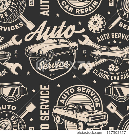 Set of auto service seamless pattern or background. Vector. Service car repair, restoration and car club design elements. Set of auto service seamless pattern or background. Vector. Service car repair, restoration and car club design elements. 117503857