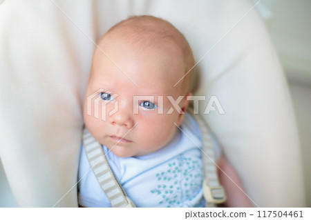 Newborn baby boy in high chair Newborn baby boy in high chair 117504461