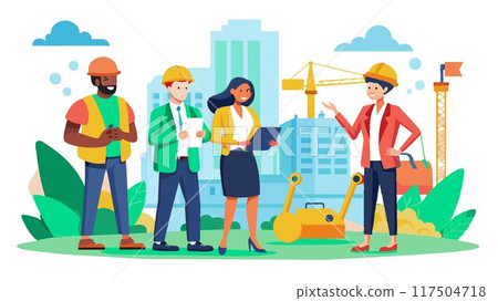Sunny skies reflect a positive outlook as a diverse team meticulously plans the construction of a successful apartment development. 117504718