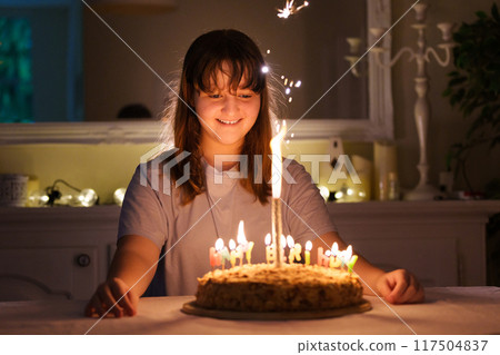 Child birthday party cake. Family with kids. Child birthday party cake. Family with kids. 117504837