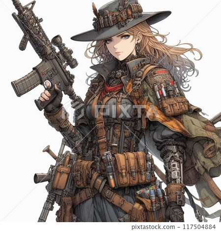 Woman holding a gun, illustration 117504884