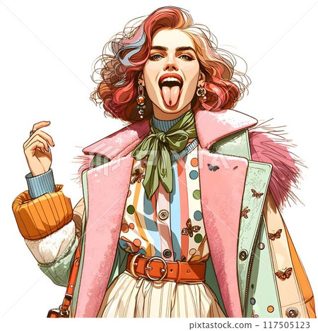 一個伸出舌頭,用多彩時尚展現個性的女人 一個伸出舌頭,用多彩時尚展現個性的女人 117505123