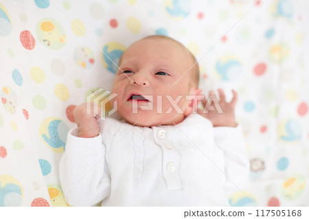 Newborn baby boy in hospital cot Newborn baby boy in hospital cot 117505168