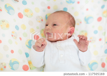 Newborn baby boy in hospital cot Newborn baby boy in hospital cot 117505169