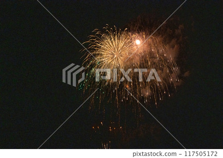Fireworks dancing in the moonlit night sky Fireworks dancing in the moonlit night sky 117505172