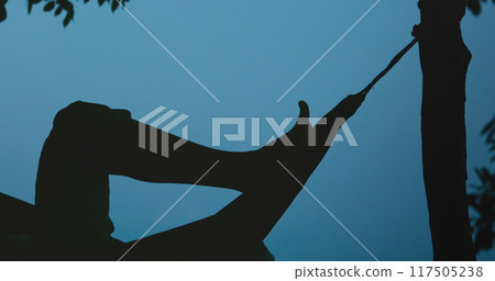 Tourist relaxing in a hammock tied to a tree under a blue sky, capturing tranquility and leisure in a tropical setting. Perfect for travel themes Tourist relaxing in a hammock tied to a tree under a blue sky, capturing tranquility and leisure in a tropical setting. Perfect for travel themes 117505238
