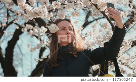 Caucasian tourist female make selfie with sakura flowers in Tokyo park. Japanese white sakura tree spring blooming. Tourist woman making photo of cherry blossoms on her phone. Beautiful nature, travel Caucasian tourist female make selfie with sakura flowers in Tokyo park. Japanese white sakura tree spring blooming. Tourist woman making photo of cherry blossoms on her phone. Beautiful nature, travel 117505247