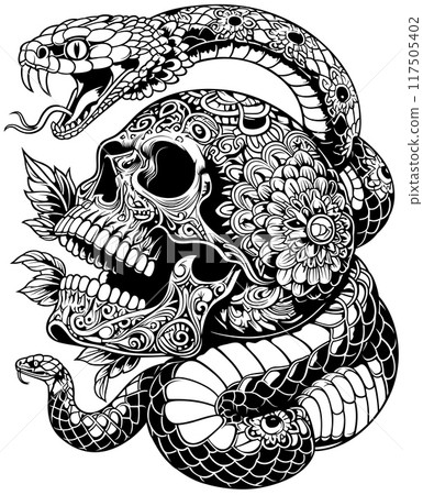 Ritual Decorated Skull with Wrapped Snakes 117505402