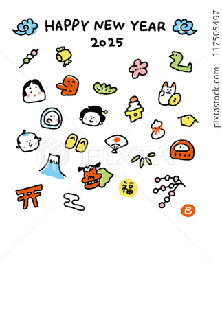 New Year's card 2025 Japanese style with hand-drawn snake and cute Japanese lucky charms 117505497