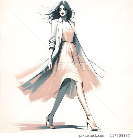 穿著柔和色彩的外套和洋裝的優雅女人在風中飄揚 117505585
