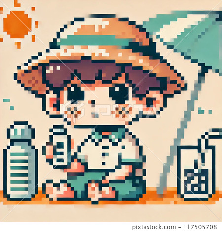 人們在炎熱的夏季像素藝術中喝水 117505708