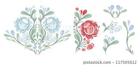 Vector set of decorative floral clipart isolated on white background. Geometric ornate floral illustrations with foliage and flowers Vector set of decorative floral clipart isolated on white background. Geometric ornate floral illustrations with foliage and flowers 117505812