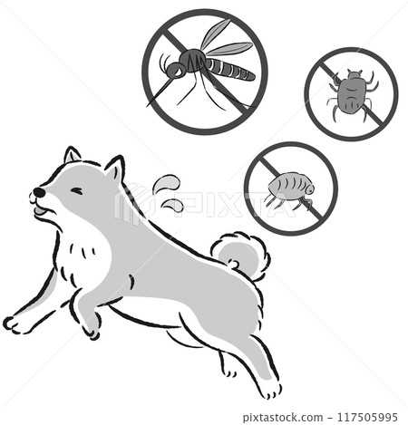 Illustration set of dog and pests (mosquitoes, fleas, ticks) 117505995