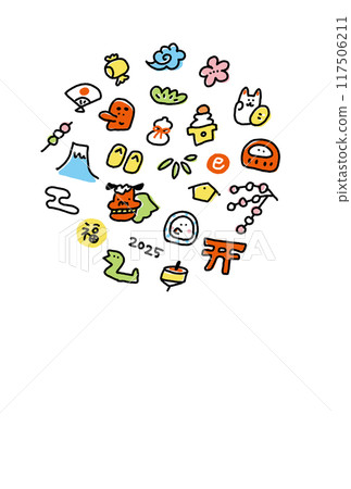 Hand-drawn snake and cute Japanese lucky charm illustrations New Year's material 2025 Hand-drawn snake and cute Japanese lucky charm illustrations New Year's material 2025 117506211