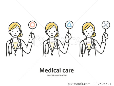 A female doctor responding with circle, triangle, and cross signs 117506394