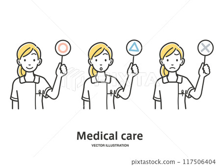 A female nurse responding with circle, triangle, and cross signs 117506404